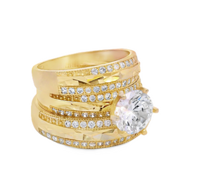 10K Real Gold Two Tone Diamond Cut CZ Solitaire Trio Set Ring