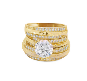 10K Real Gold Two Tone Diamond Cut CZ Solitaire Trio Set Ring