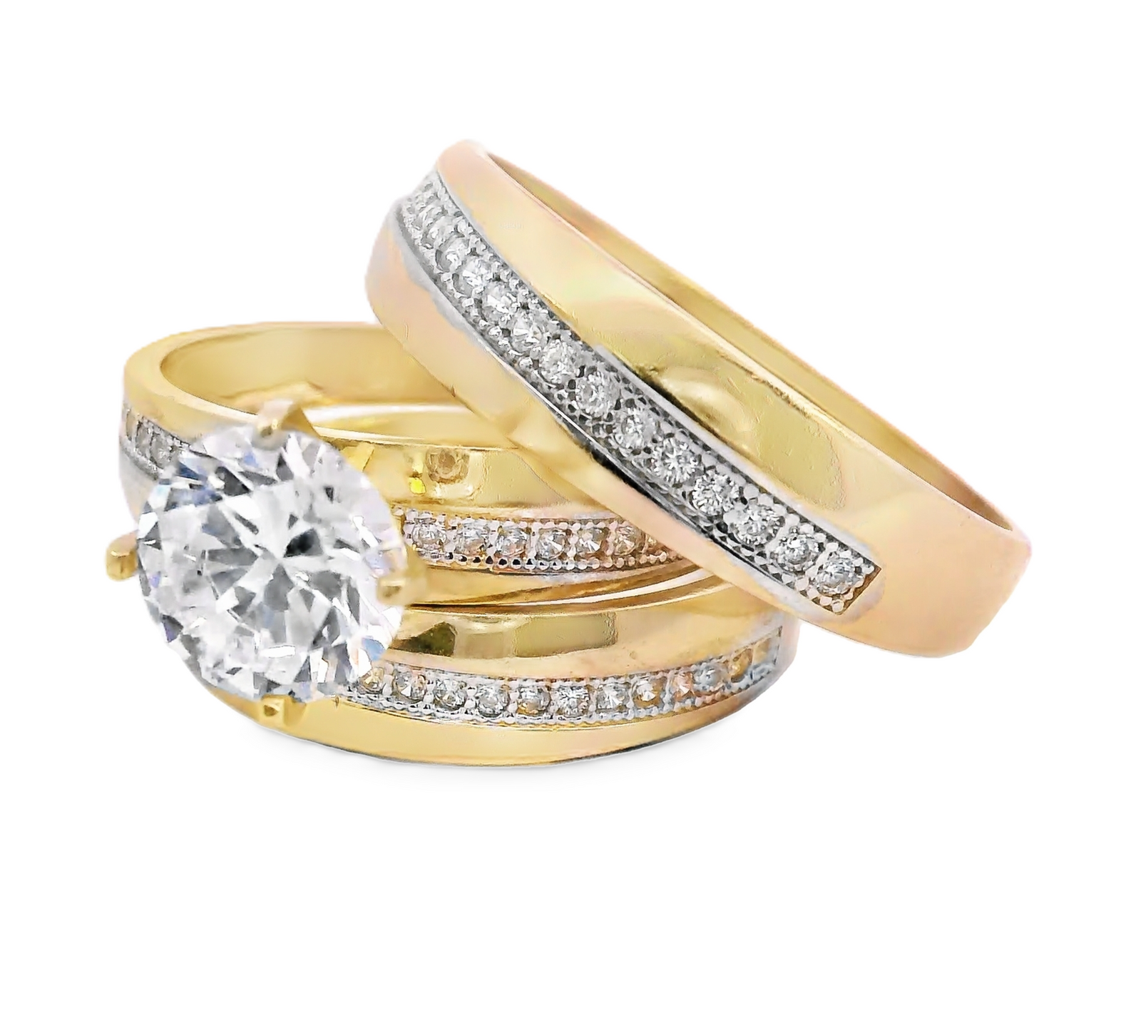 10K Real Gold Fancy Solitaire CZ Trio Set Ring for Women