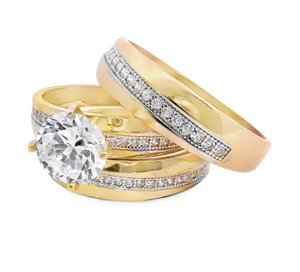 10K Real Gold Fancy Solitaire CZ Trio Set Ring for Women