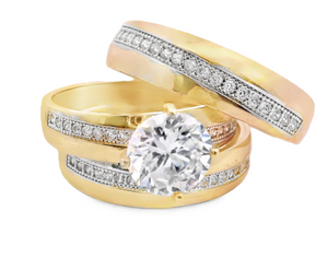 10K Real Gold Fancy Solitaire CZ Trio Set Ring for Women