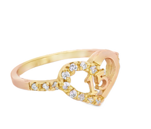 10K Real Gold Quinceanera "15" CZ Heart Ring for Women