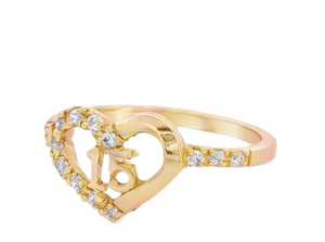 10K Real Gold Quinceanera "15" CZ Heart Ring for Women