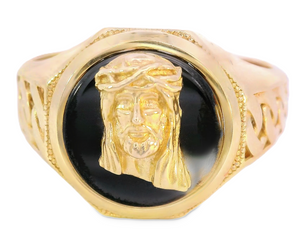 10K Real Gold Jesus Face on Black Onyx with Cuban Band Ring