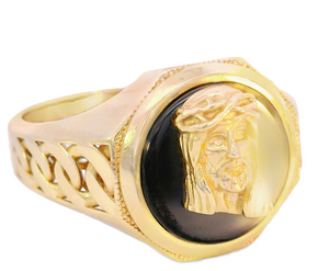 10K Real Gold Jesus Face on Black Onyx with Cuban Band Ring