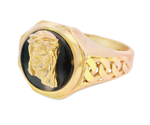 10K Real Gold Jesus Face on Black Onyx with Cuban Band Ring