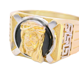 10K Real Gold Two Tone Jesus with Greek Band Ring for Men