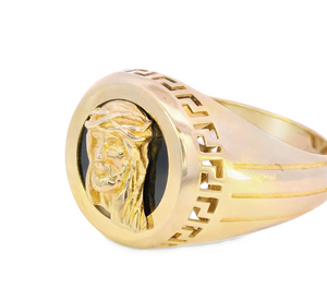 10K Real Gold Jesus Face on Black Onyx With Greek Style Round Ring for Men