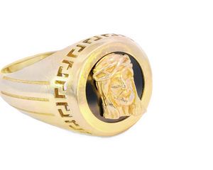 10K Real Gold Jesus Face on Black Onyx With Greek Style Round Ring for Men