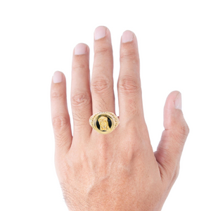 10K Real Gold Jesus Face on Black Onyx With Greek Style Round Ring for Men