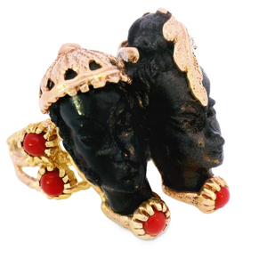 14K Real Gold Men and Women Face-Red Bead Black Color Ring