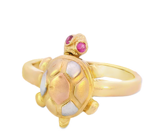 14K Real Gold Two Tone Turtle with Red Stone (eye) Ring for Women