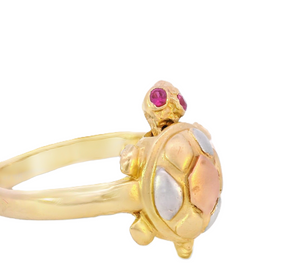 14K Real Gold Two Tone Turtle with Red Stone (eye) Ring for Women