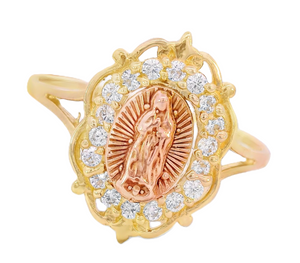 14K Real Gold Tri Color Mother Mary CZ Ring