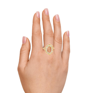 14K Real Gold Tri Color Mother Mary CZ Ring