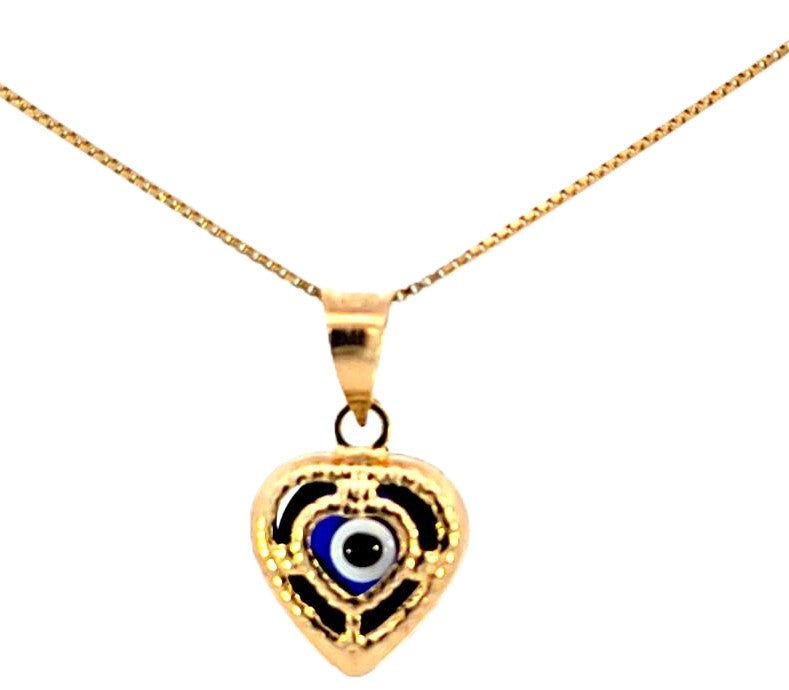 14K Real Gold Blue & Red Evil Eye Heart Good Luck Charm with Box Chain