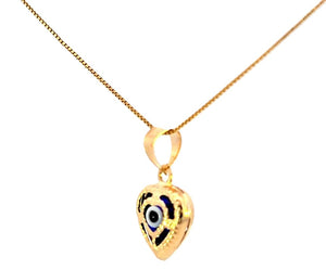 14K Real Gold Blue & Red Evil Eye Heart Good Luck Charm with Box Chain