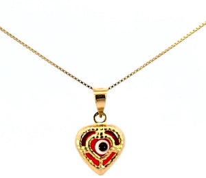 14K Real Gold Blue & Red Evil Eye Heart Good Luck Charm with Box Chain