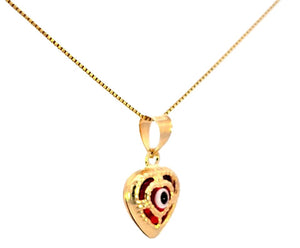 14K Real Gold Blue & Red Evil Eye Heart Good Luck Charm with Box Chain