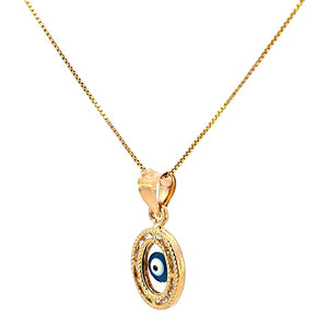 14K Real Gold Blue Evil Eye Oval CZ Small Charm with Box Chain