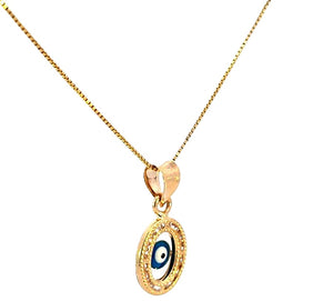 14K Real Gold Blue Evil Eye Oval CZ Small Charm with Box Chain