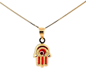 14K Real Gold Red Evil Eye Hamsa Small Charm with Box Chain