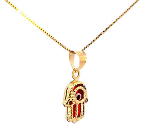 14K Real Gold Red Evil Eye Hamsa Small Charm with Box Chain