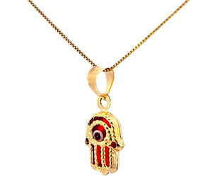 14K Real Gold Red Evil Eye Hamsa Small Charm with Box Chain