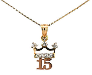 14K Real Gold Tri Color "15 Anos" CZ Crown Charm with Box Chain