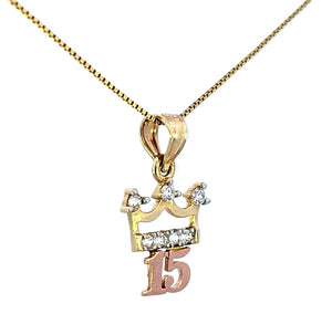 14K Real Gold Tri Color "15 Anos" CZ Crown Charm with Box Chain