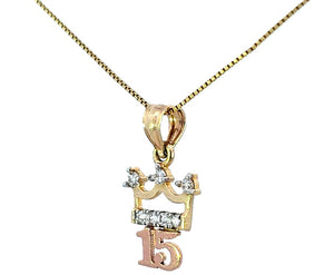 14K Real Gold Tri Color "15 Anos" CZ Crown Charm with Box Chain
