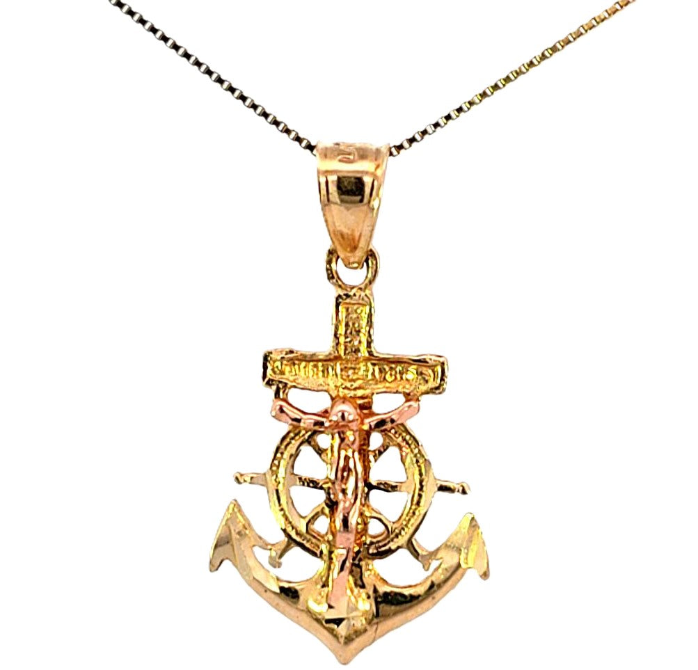 14K Real Gold Two Tone Jesus Cross Anchor Charm with Box Chain