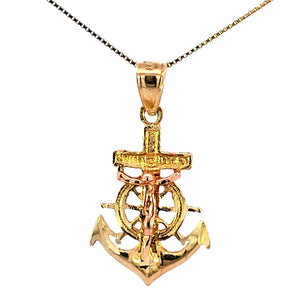14K Real Gold Two Tone Jesus Cross Anchor Charm with Box Chain