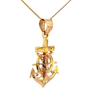14K Real Gold Two Tone Jesus Cross Anchor Charm with Box Chain