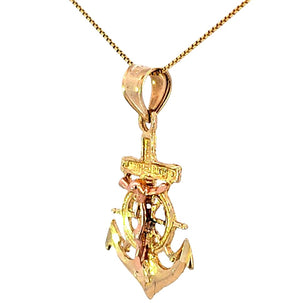 14K Real Gold Two Tone Jesus Cross Anchor Charm with Box Chain