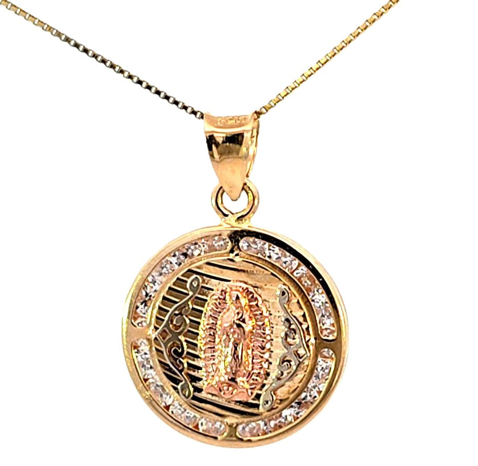 14K Real Gold Tri Color CZ Mother Mary Charm with Box Chain