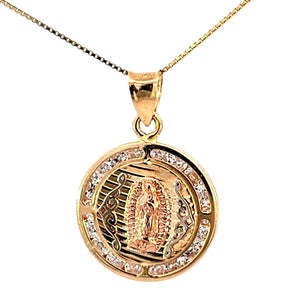 14K Real Gold Tri Color CZ Mother Mary Charm with Box Chain