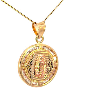14K Real Gold Tri Color CZ Mother Mary Charm with Box Chain