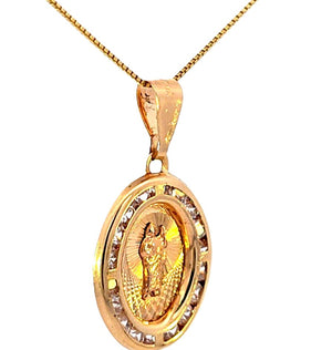 14K Real Yellow Gold CZ Oval Saint Jude Small Charm with Box Chain