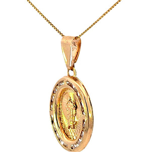 14K Real Yellow Gold CZ Oval Saint Jude Small Charm with Box Chain
