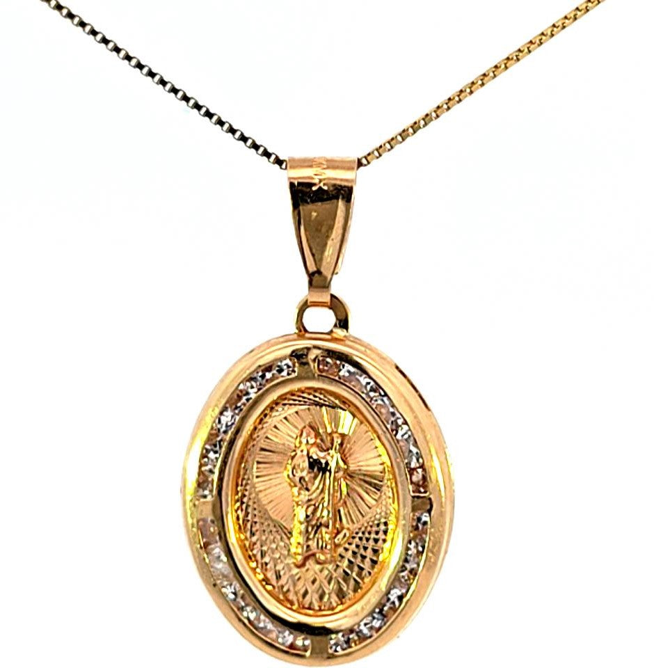 14K Real Yellow Gold CZ Oval Saint Jude Small Charm with Box Chain