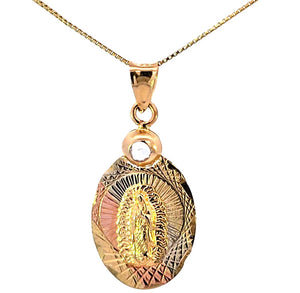 14K Real Gold Tri Color Diamond Cut Mother Mary Oval Charm with Box Chain