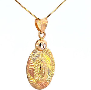 14K Real Gold Tri Color Diamond Cut Mother Mary Oval Charm with Box Chain