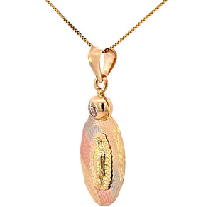14K Real Gold Tri Color Diamond Cut Mother Mary Oval Charm with Box Chain