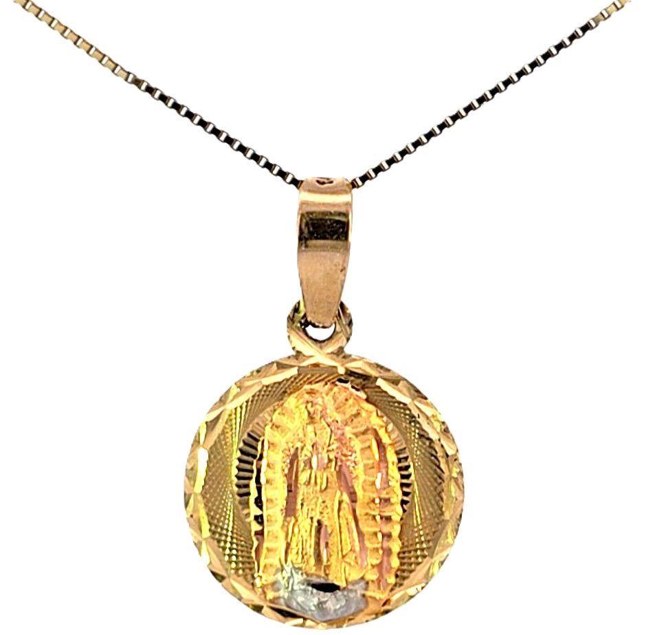 14K Real Gold Tri Color Diamond Cut Round Mother Mary Small Charm with Box Chain