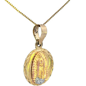 14K Real Gold Tri Color Diamond Cut Round Mother Mary Small Charm with Box Chain