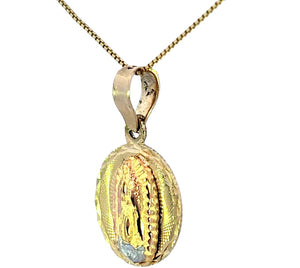 14K Real Gold Tri Color Diamond Cut Round Mother Mary Small Charm with Box Chain