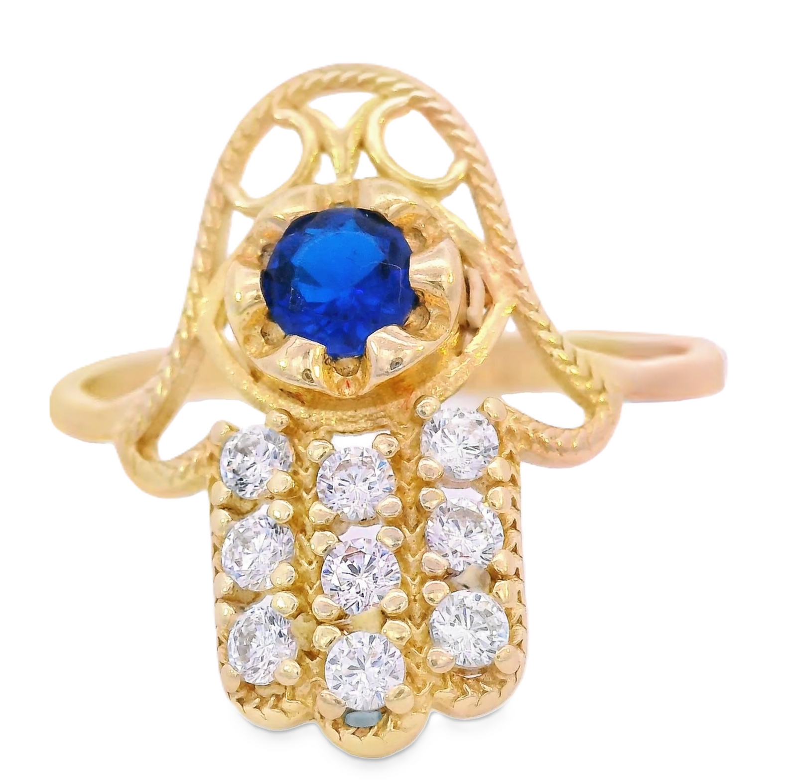14K Real Gold Hamsa Hand Blue & PinkCZ Ring
