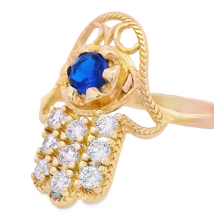 14K Real Gold Hamsa Hand Blue & PinkCZ Ring