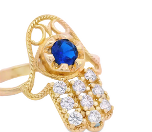 14K Real Gold Hamsa Hand Blue & PinkCZ Ring